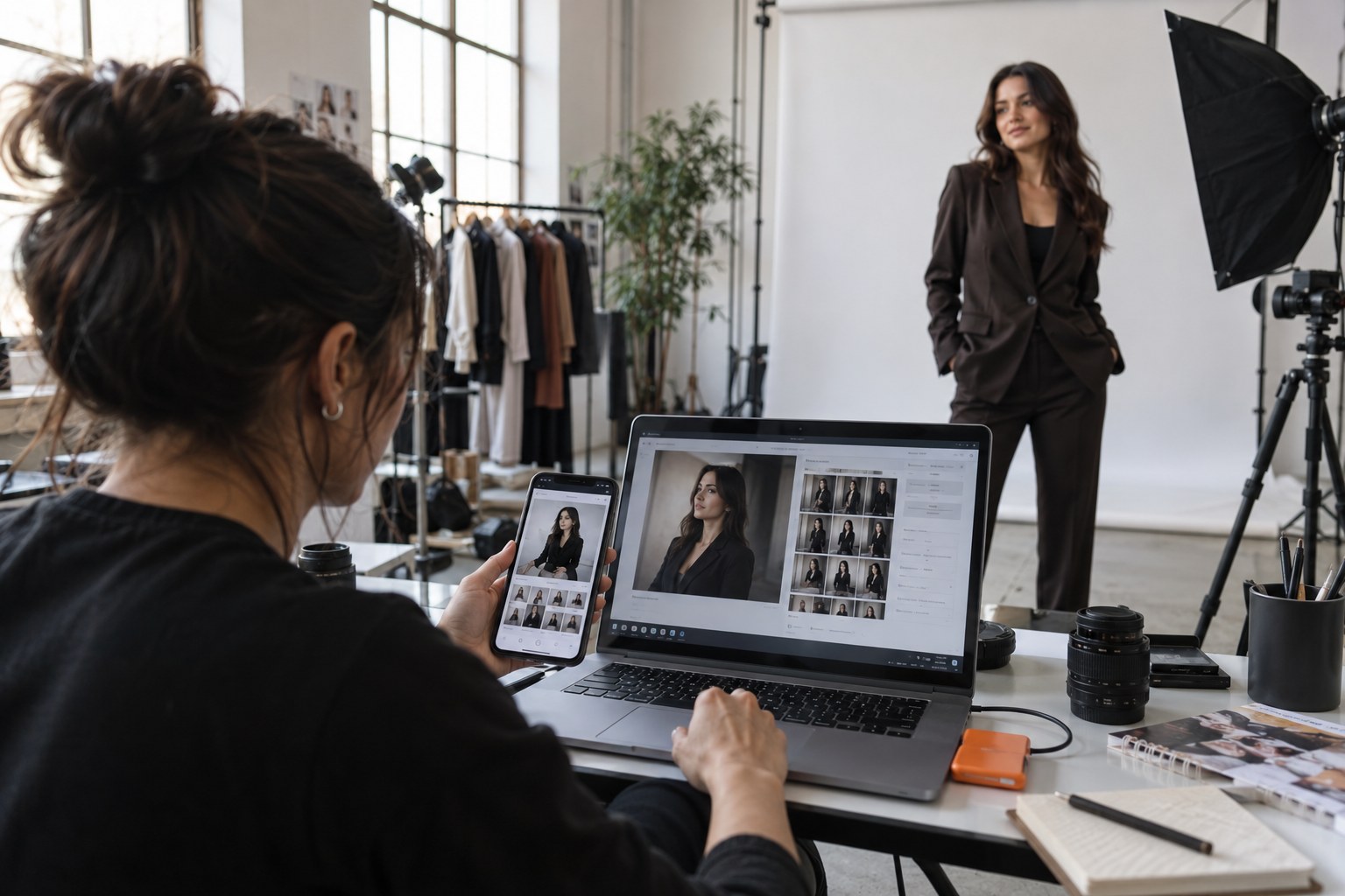 Operator checking a creator profile journey across phone and laptop