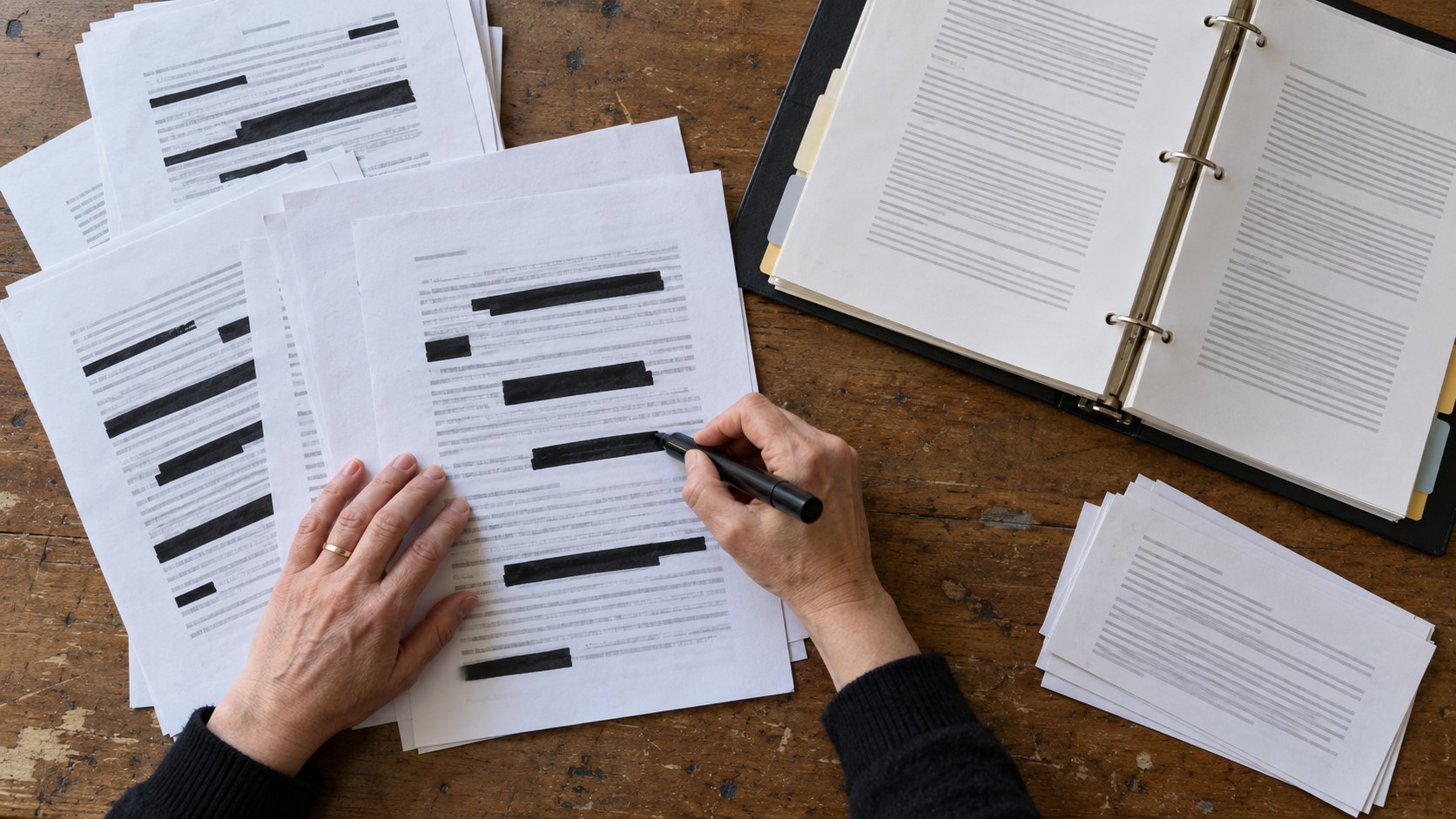 Overhead view of hands redacting printed support transcripts beside an open policy binder and revision slips on a worn wooden meeting table.