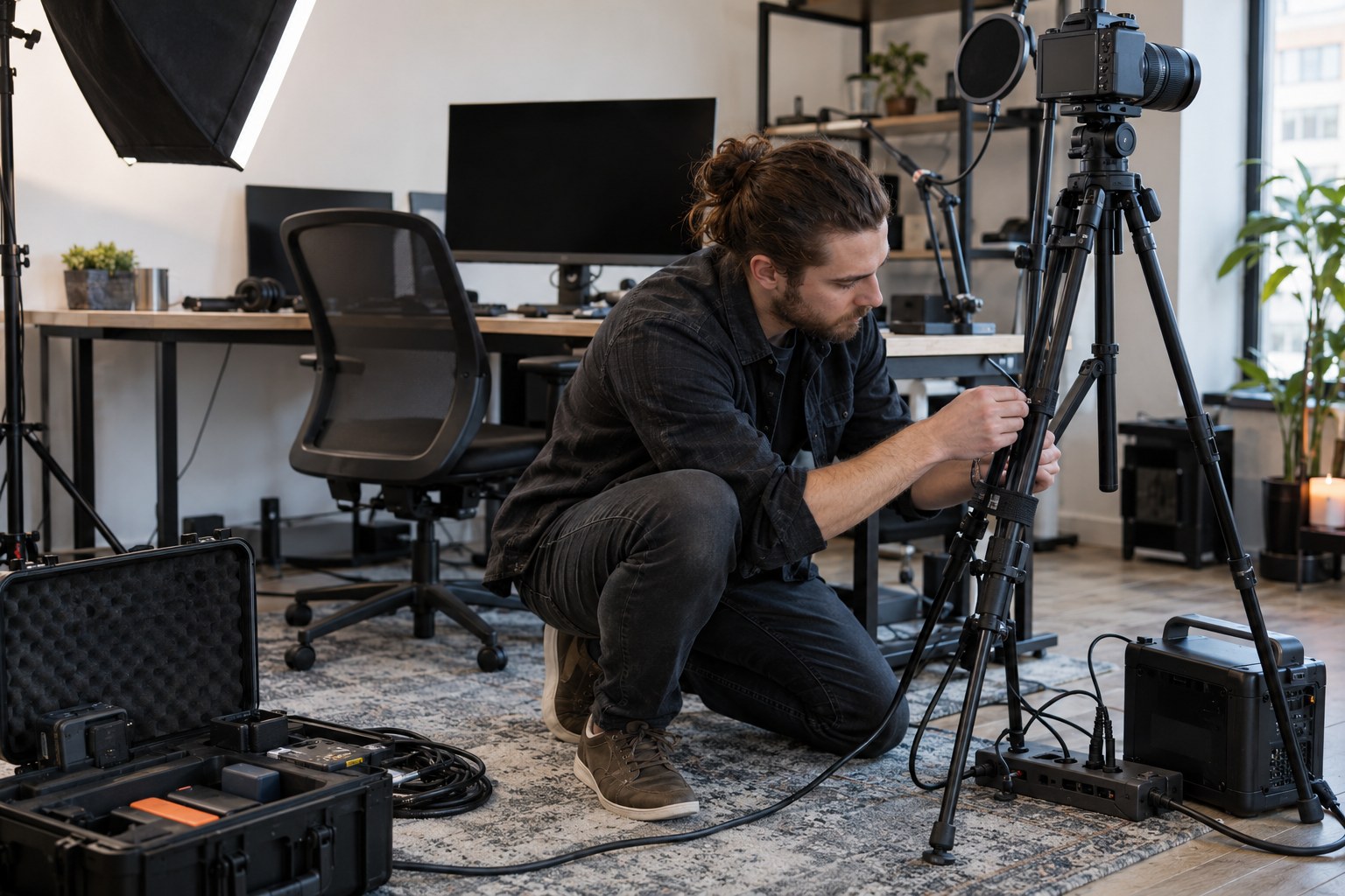 Technician checking cables and backup equipment for a camming station