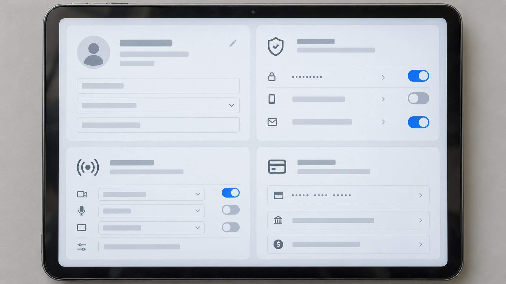 Close frontal view of a tablet displaying unbranded identity, privacy, streaming, and payout settings against a plain neutral background.