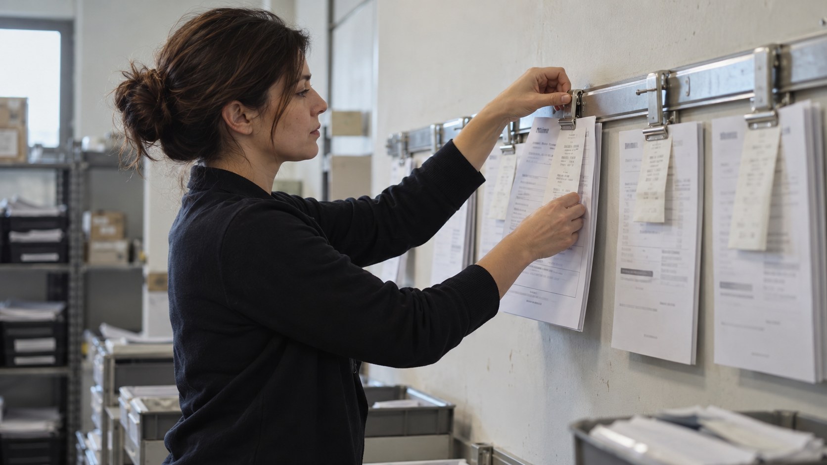 Finance operator in side profile clips anonymized settlement sheets and matching receipts to a metal audit rail in a naturally lit back office.