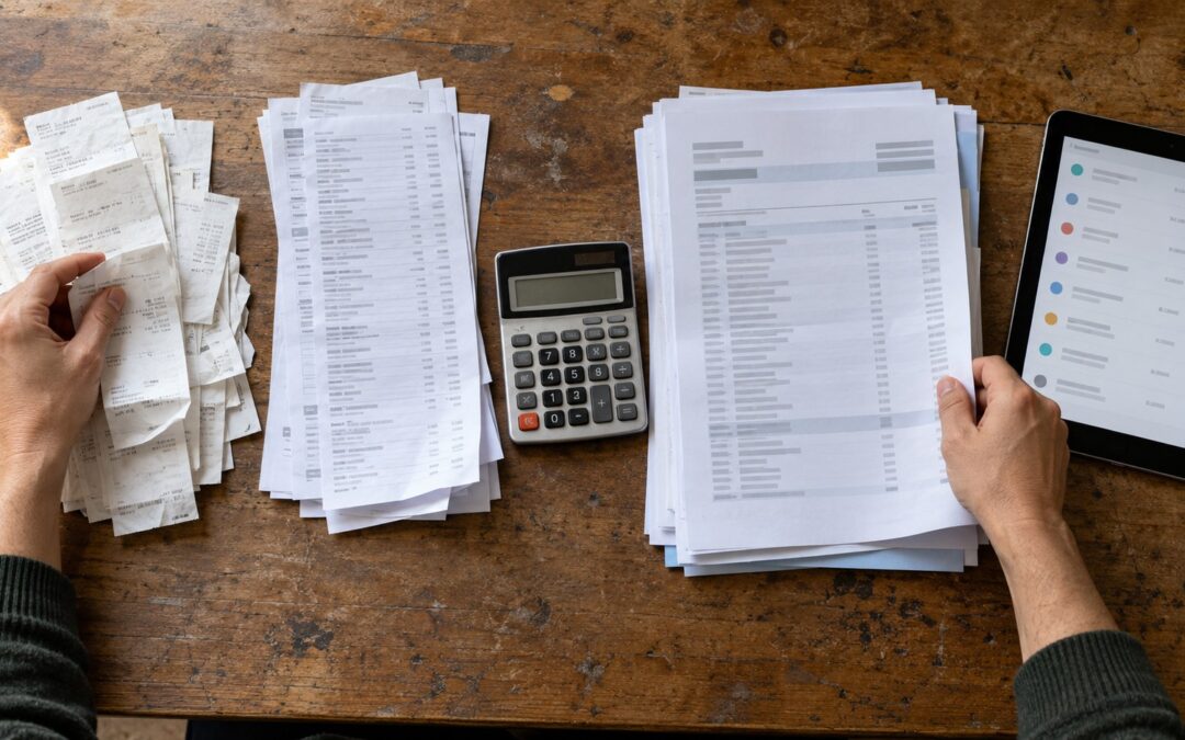 Overhead view of hands sorting receipts and account statements beside a calculator and an unbranded subscription management screen.