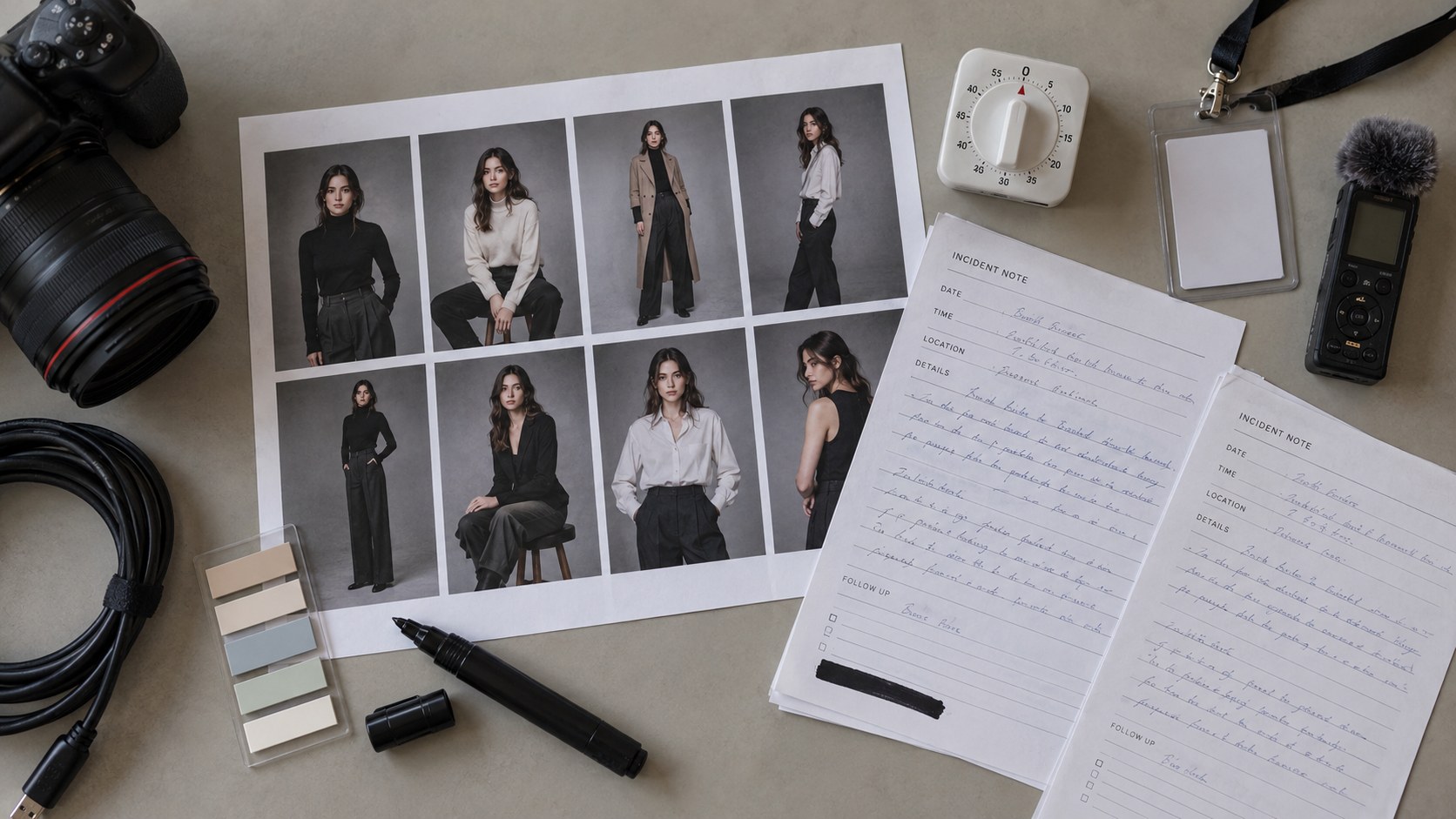 Overhead view of fashion portrait contact sheets, incident notes, a camera, audio recorder, timer, marker.