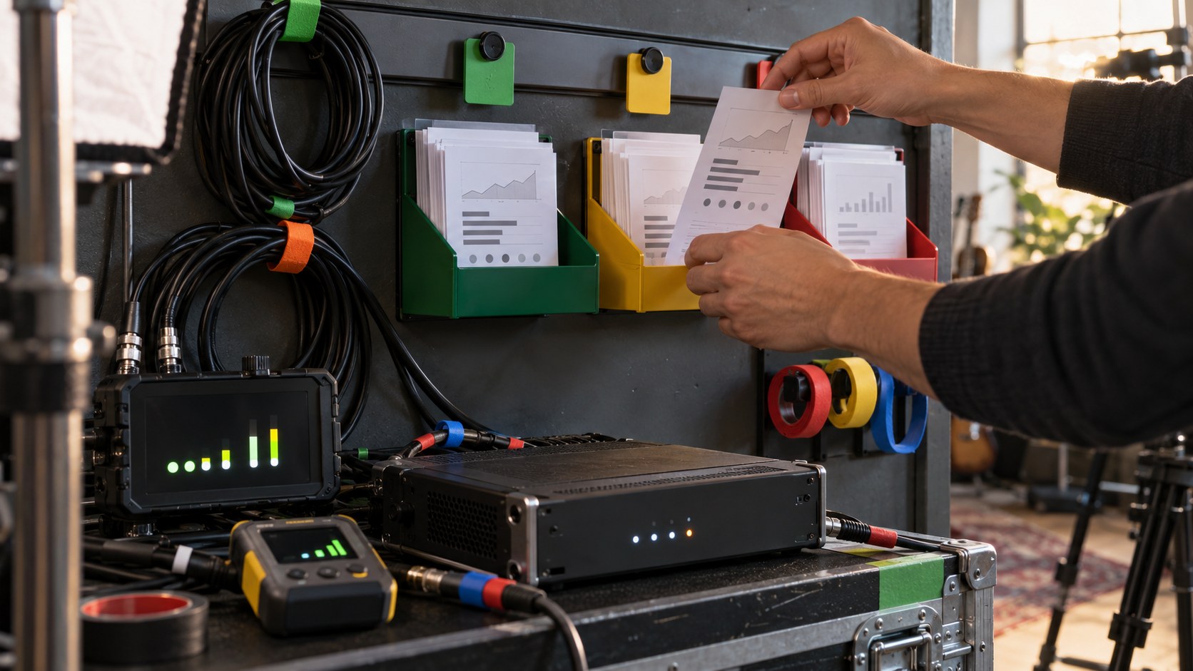 Hands sort printed session summaries into color-coded wall trays above compact streaming validation equipment and.