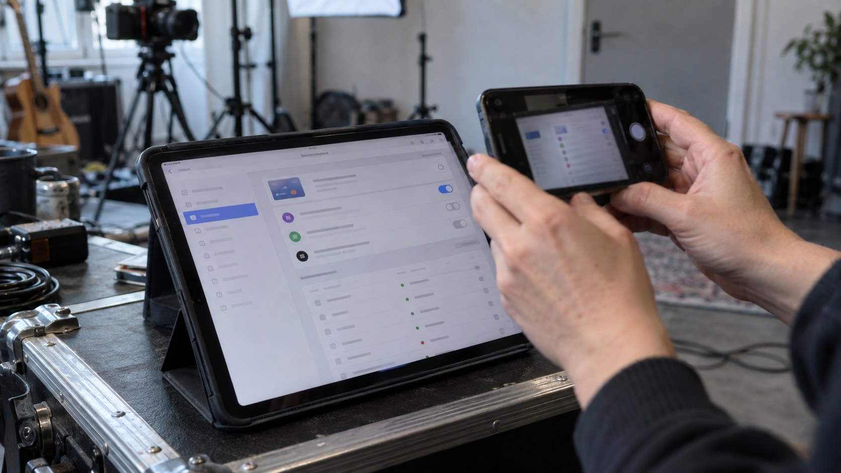 Hands use a phone to photograph a tablet showing payment and subscription controls in a daylight streaming studio with camera gear and a closed door.