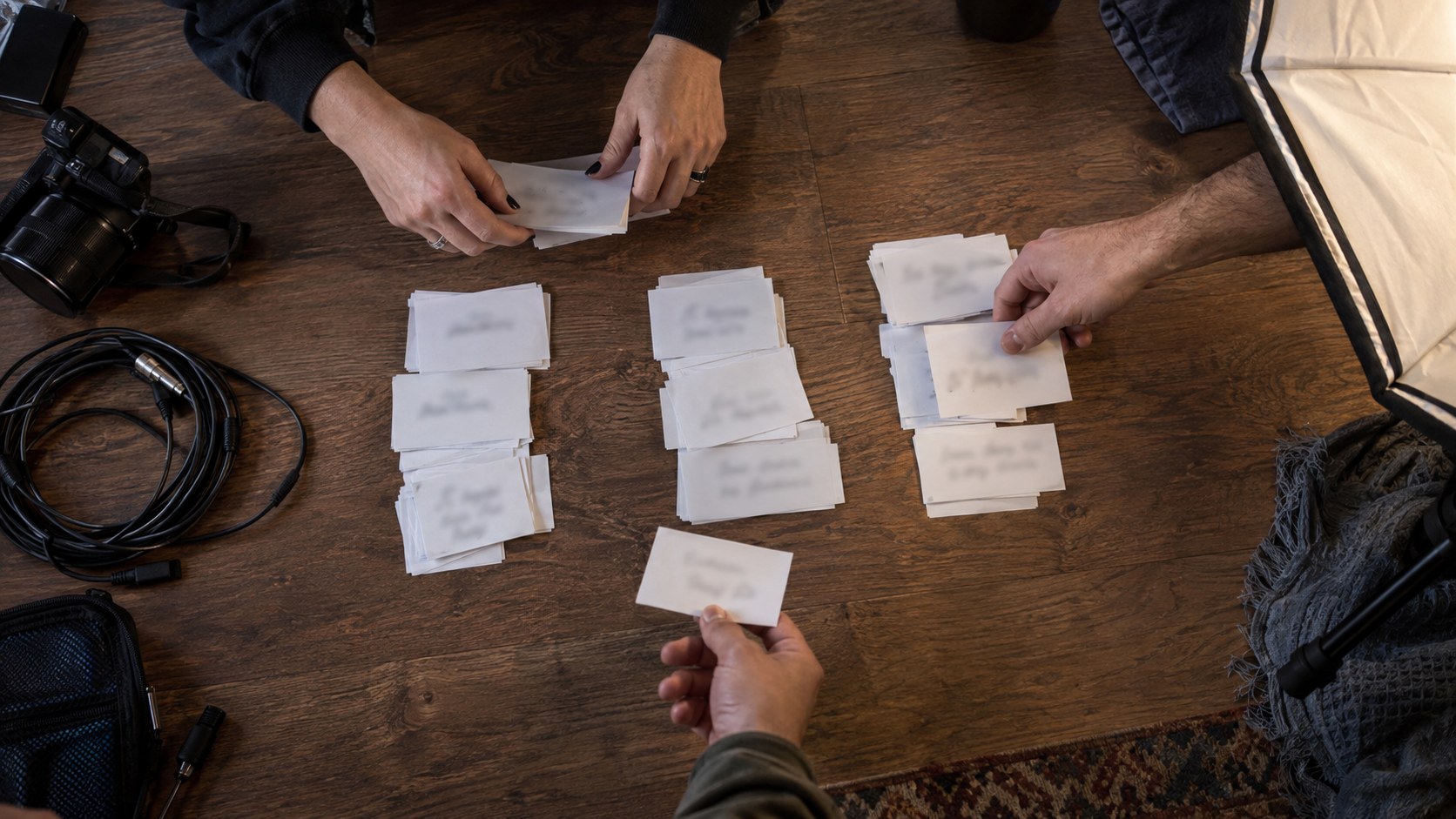Overhead editorial photo of three adults sorting blurred session cards into separate follow-up piles beside practical camera, cable, and lighting equipment.