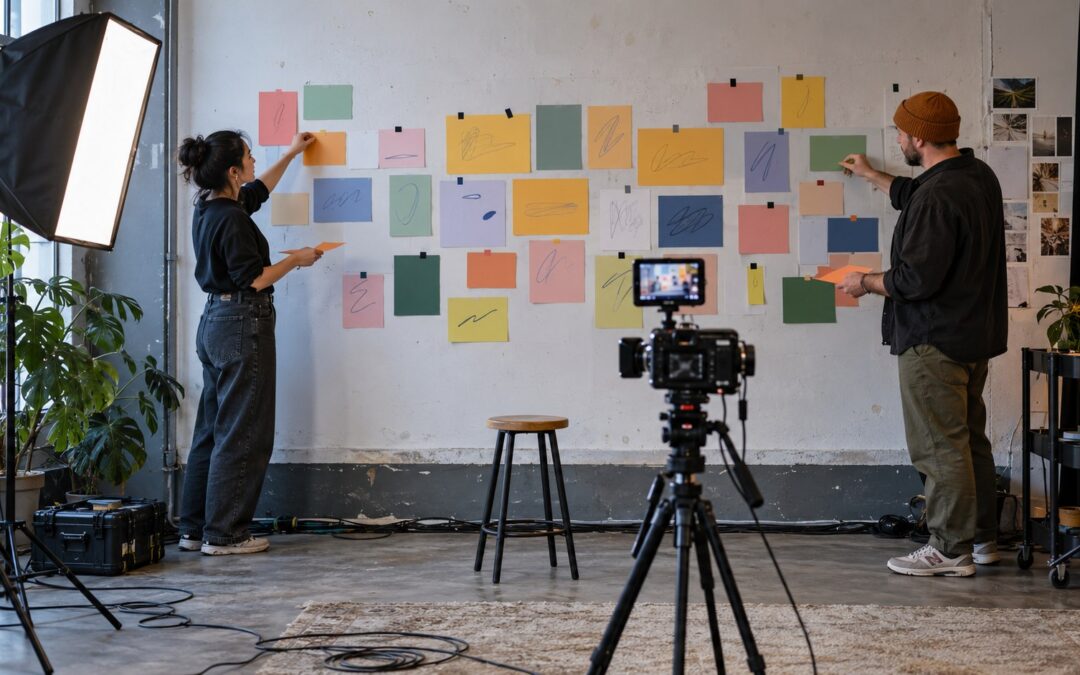 Creator and platform operator arrange colored offer cards on a studio wall, with a camera rig, softbox, stool, and floor cables visible.