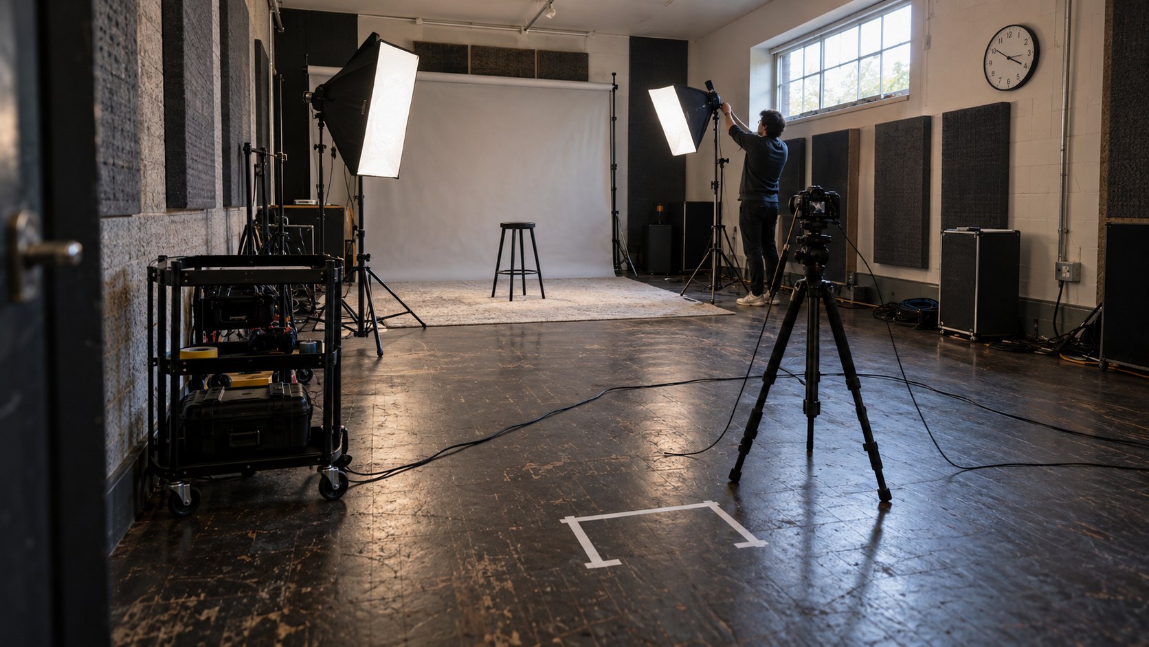 Wide view of a converted rehearsal room with backdrop, soft lights, camera mark, wall clock and equipment cart as a creator adjusts lighting.
