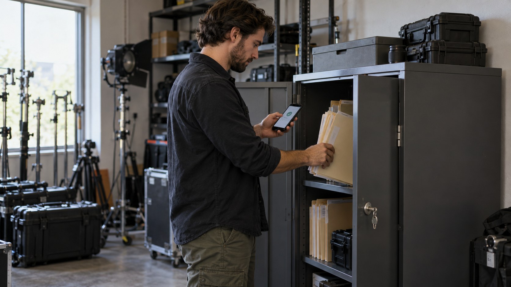 Studio operator checks a phone authenticator while placing account-record folders into a locking cabinet in a compact production equipment room.