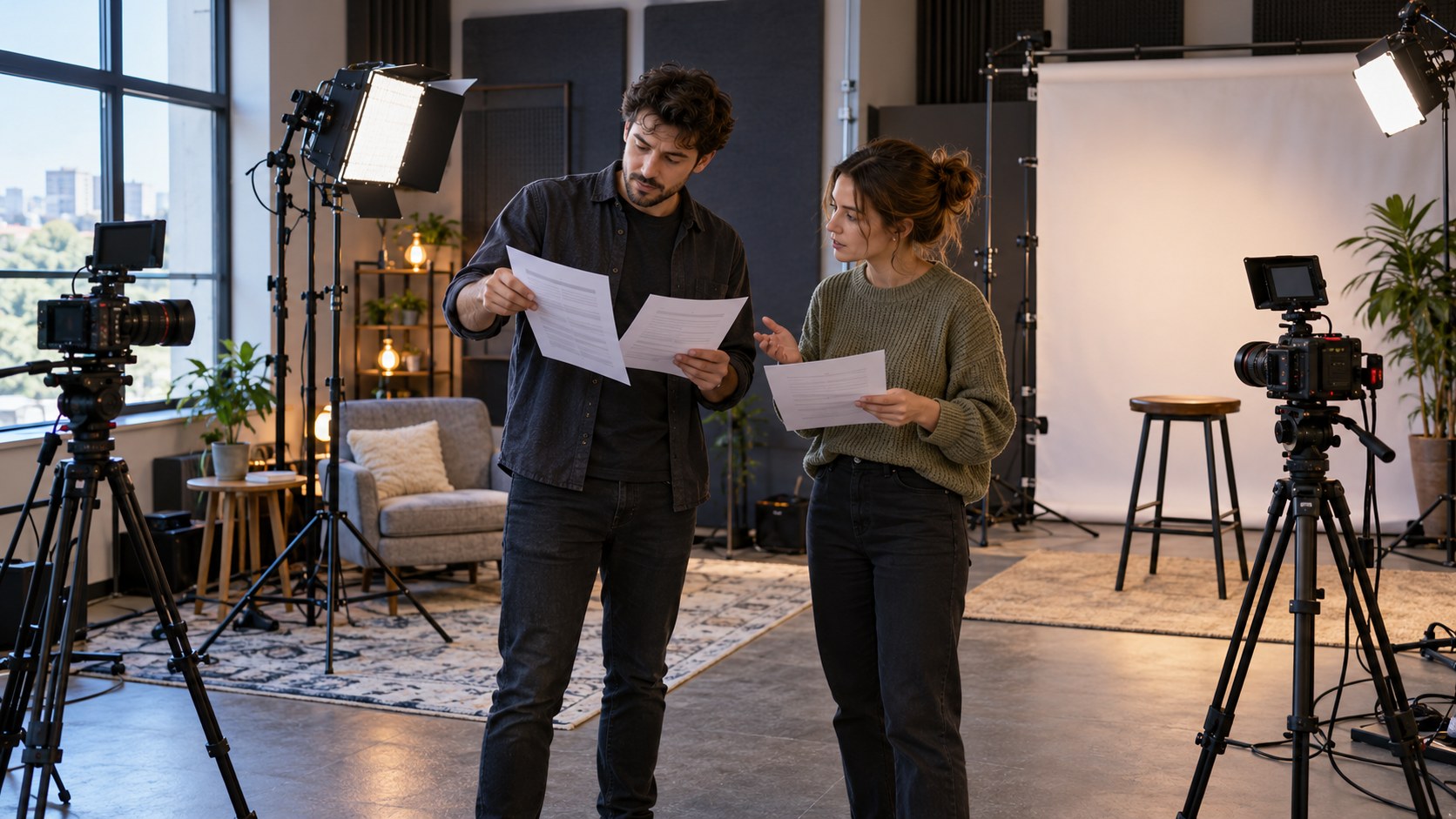 A creator and assistant compare printed operating requirements while standing between two prepared camera zones in a daylight production studio.