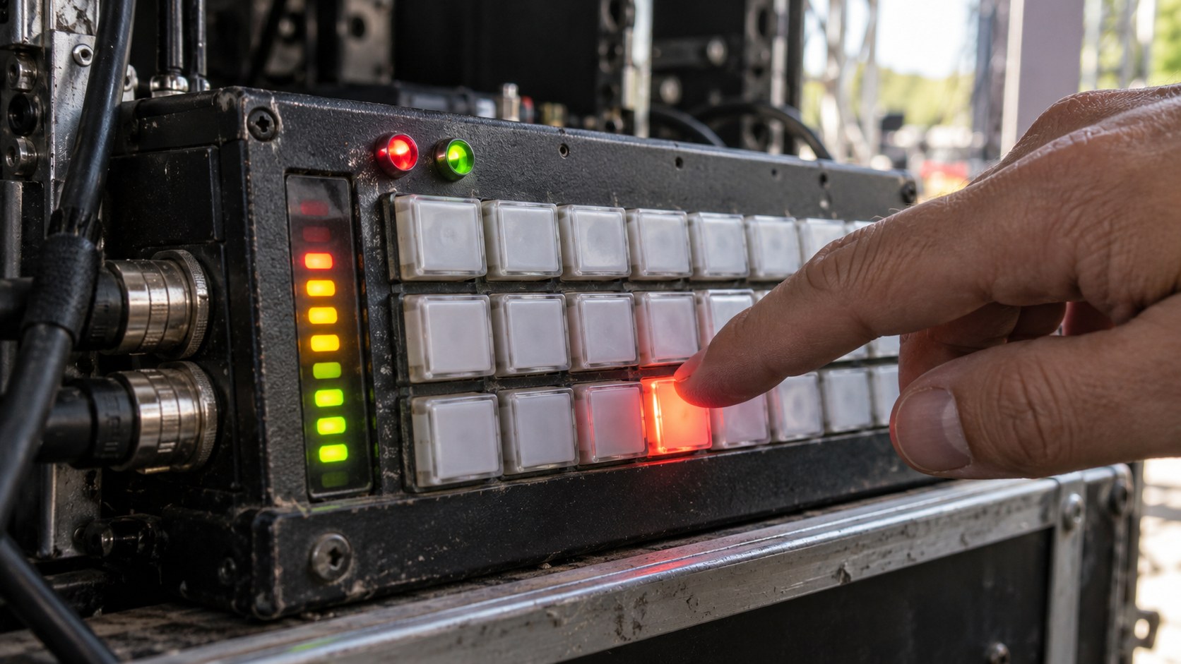 Fingers switch an illuminated feed button on a worn physical control surface beside an audio meter, status lights.