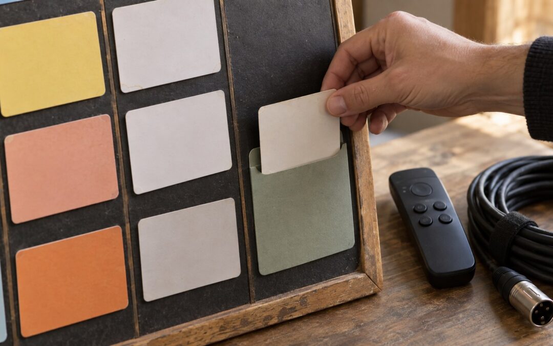 A hand moves a blank session card into a muted green recovery pocket beside an unlit studio remote and coiled.