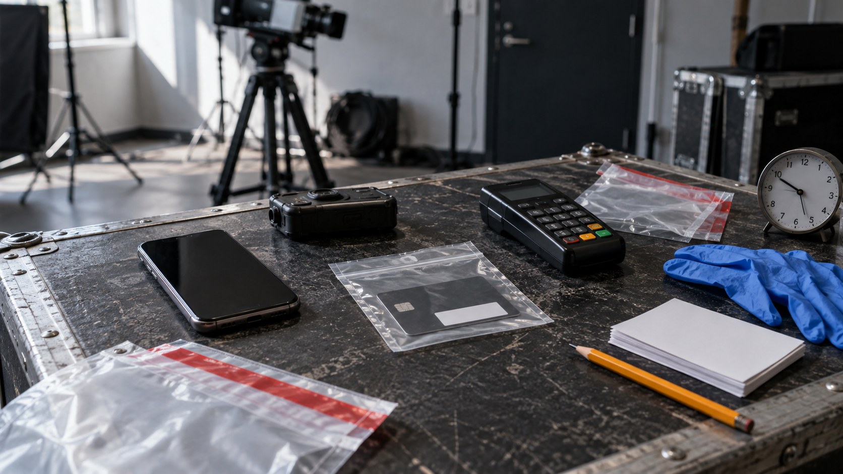 Evidence bags, devices, gloves, blank cards and a payment terminal arranged on a worn road case inside a daylight streaming studio.