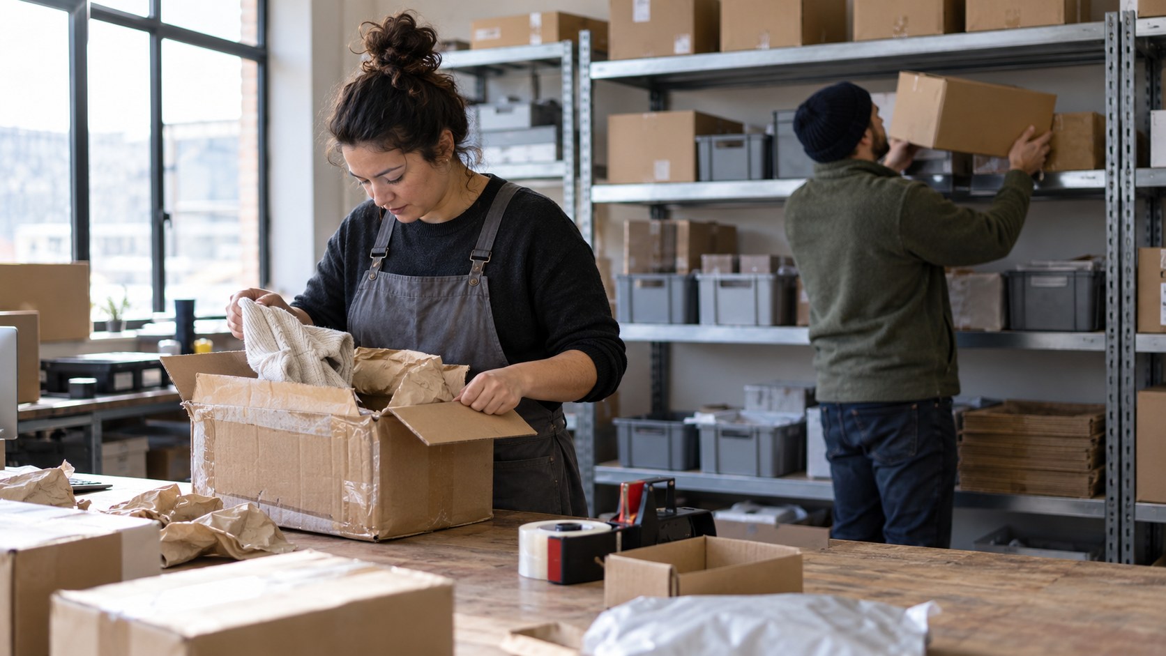 Two fulfillment workers handle an order exception as one checks a returned parcel and the other searches shelving for the matching shipment.