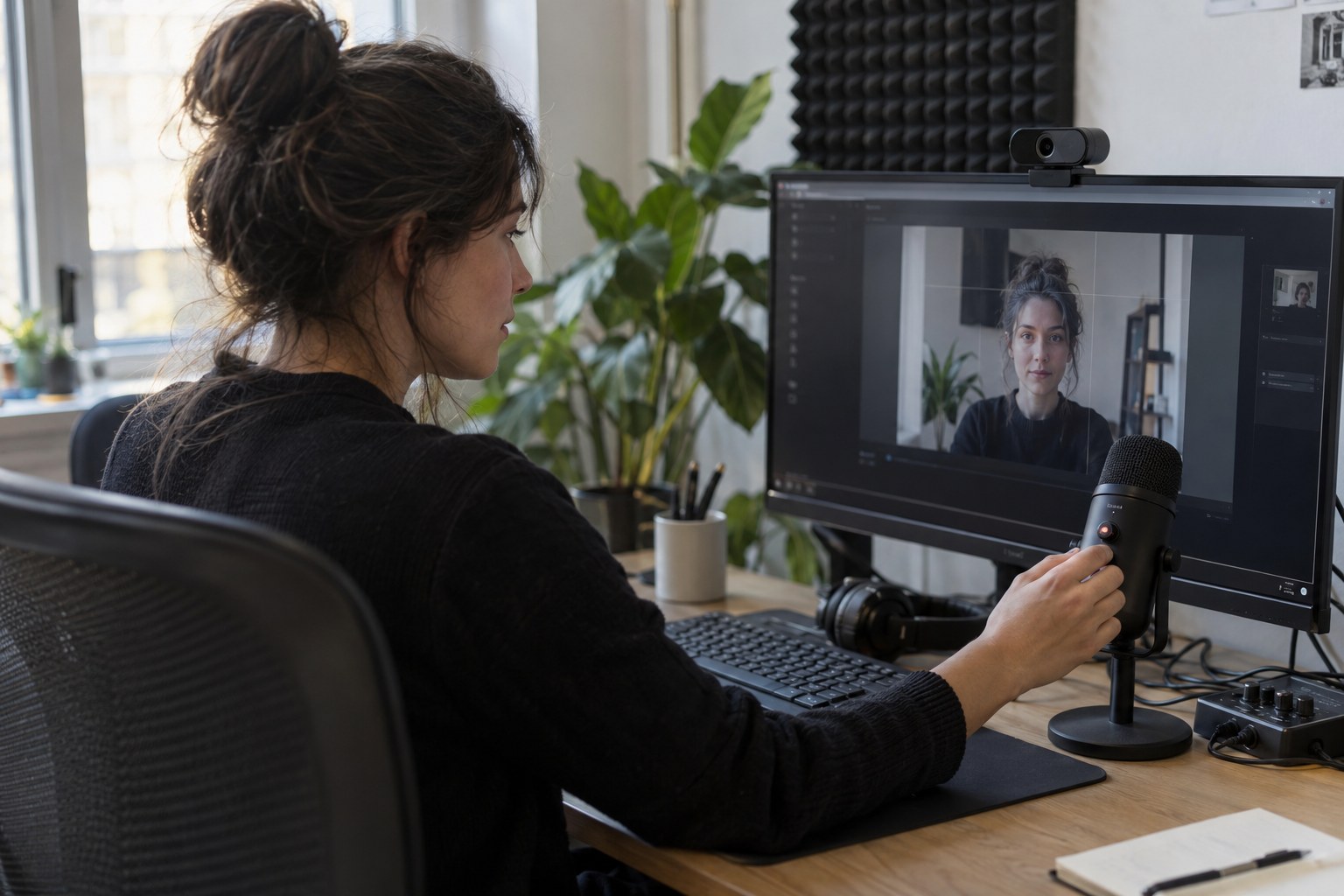 Platform operator checking camera framing and privacy controls before streaming