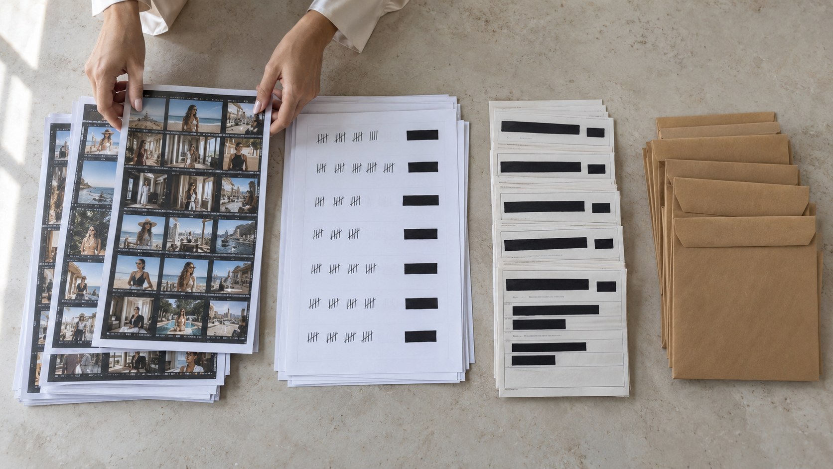 Overhead view of a luxury lifestyle creator sorting broadcast contact sheets beside audience tallies.
