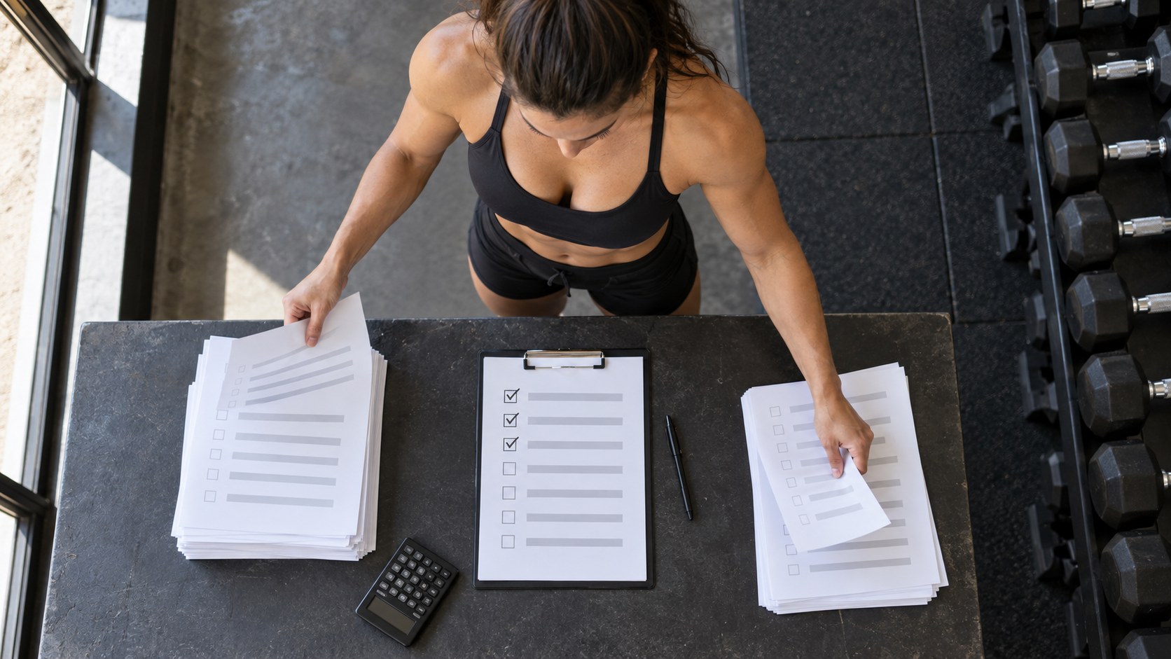 Overhead view of an athletic woman sorting checklist documents on a gym worktable beside a rack of dumbbells