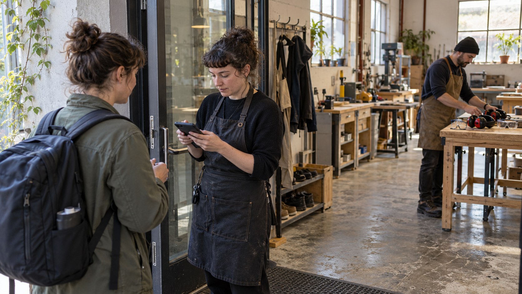 A support operator checks an attendee’s admission at a workshop entrance while an instructor arranges safety equipment inside.