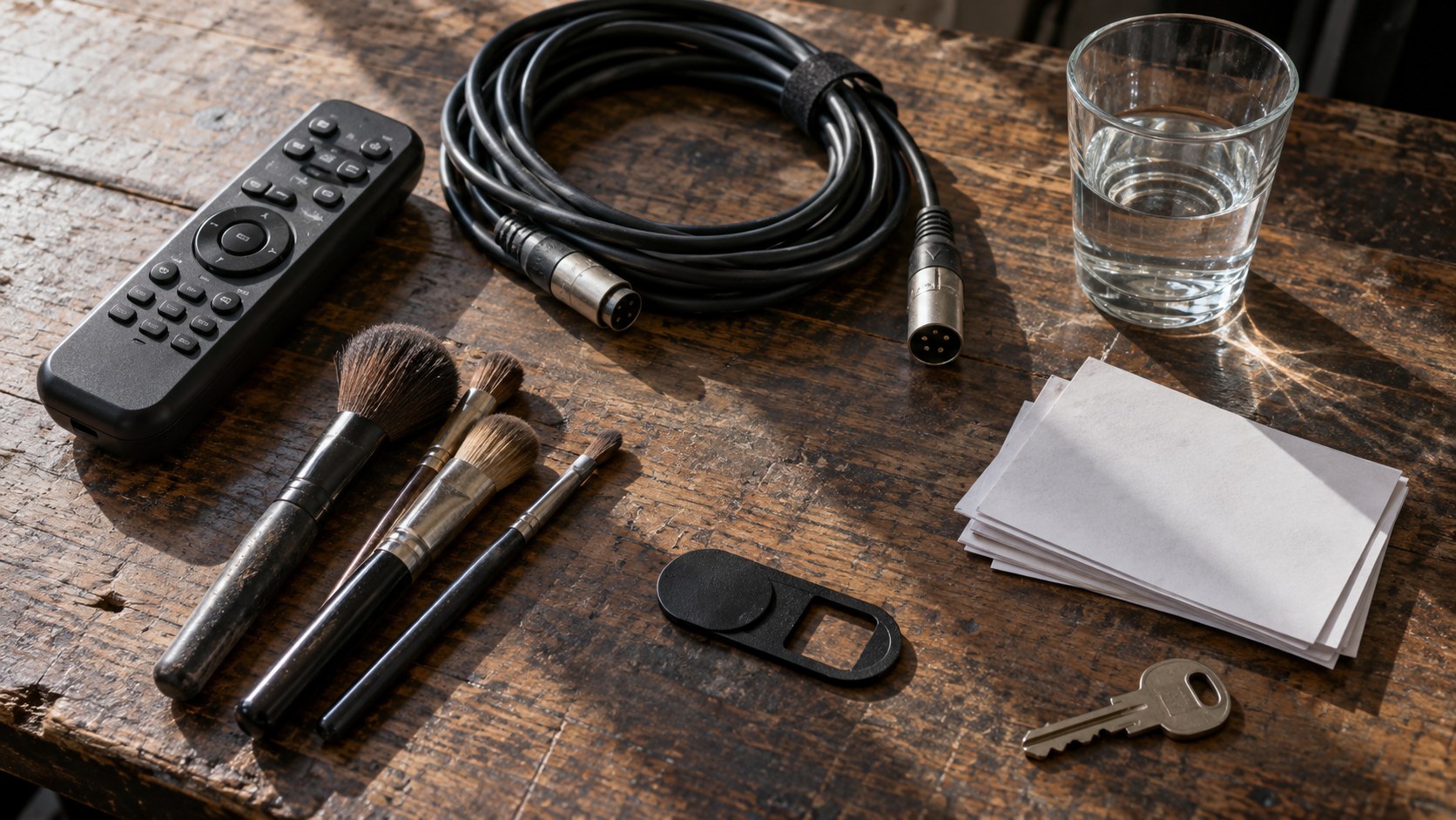 Camera remote, coiled microphone cable, makeup brushes, privacy shutter, blank shift cards, water glass.