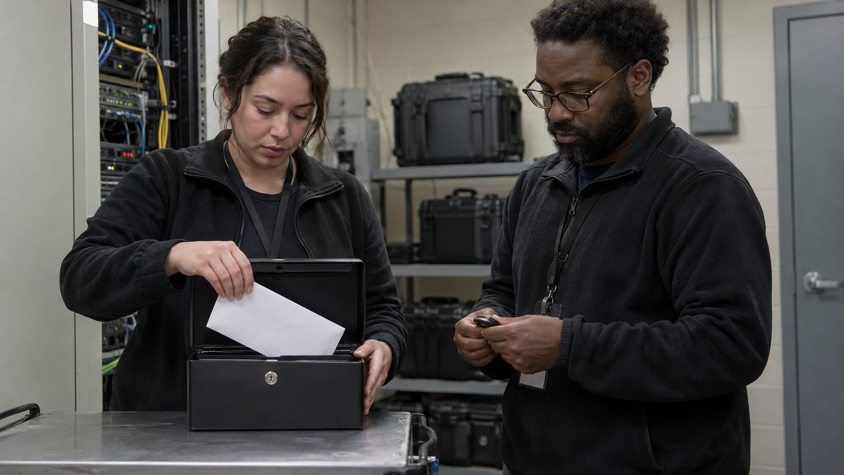 An operator seals recovery credentials in a lockbox while a moderator checks an access token in a small server equipment room.