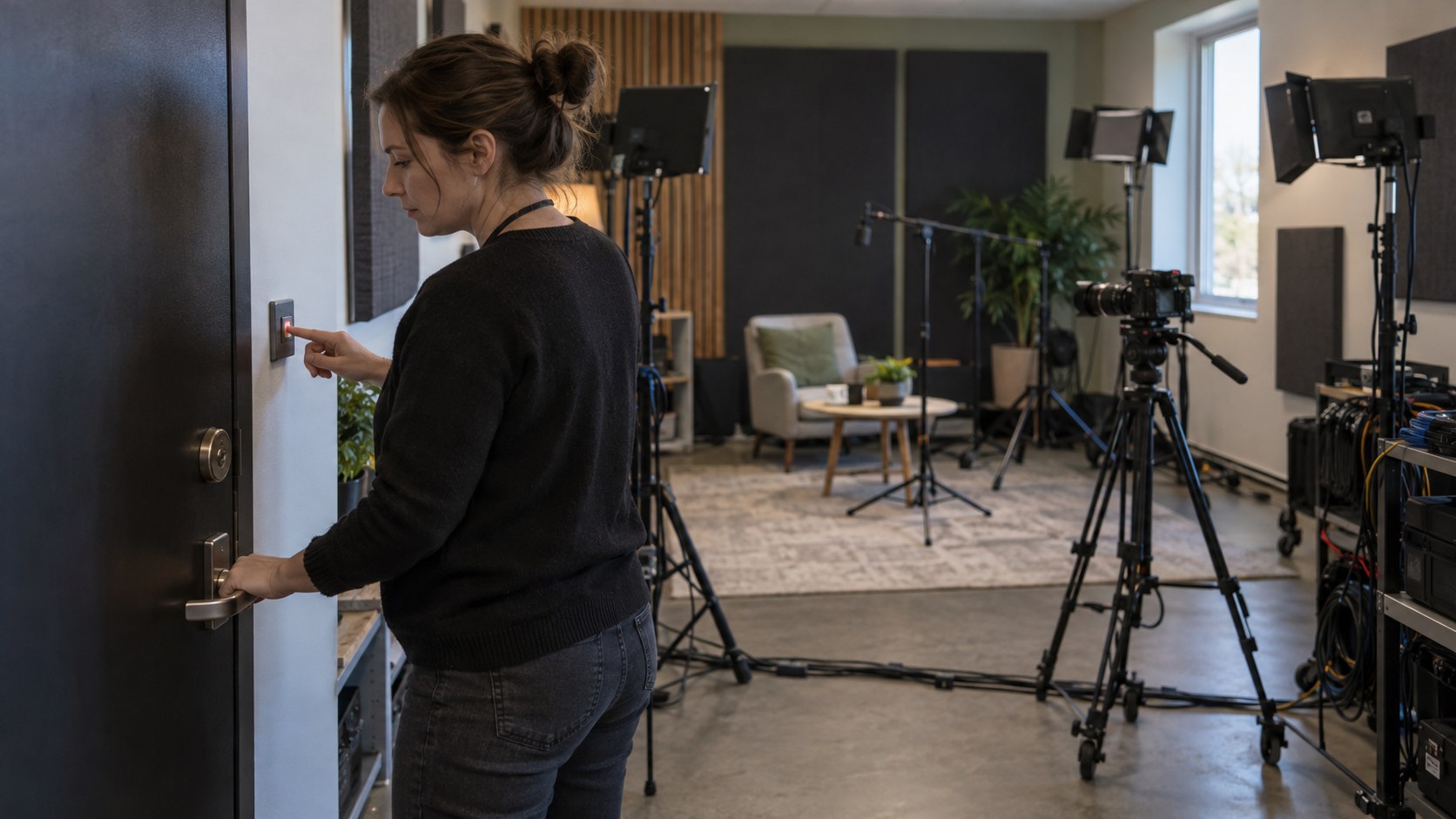 Moderator tests a studio door lock and discreet safety signal beside an inactive camera set, lighting stands.