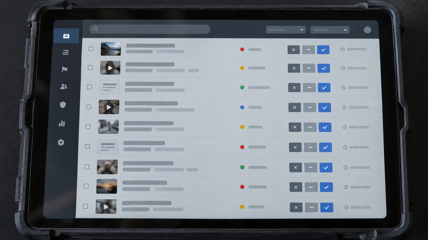 Close frontal view of a secured tablet displaying an anonymized moderation activity log with muted rows and colored status markers.