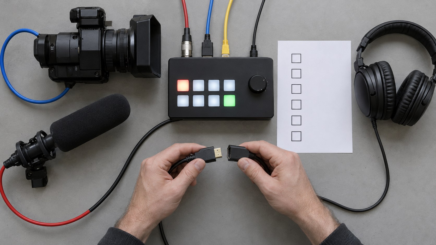Overhead view of hands comparing cable connectors among a camera, microphone, encoder controls, colored cables.