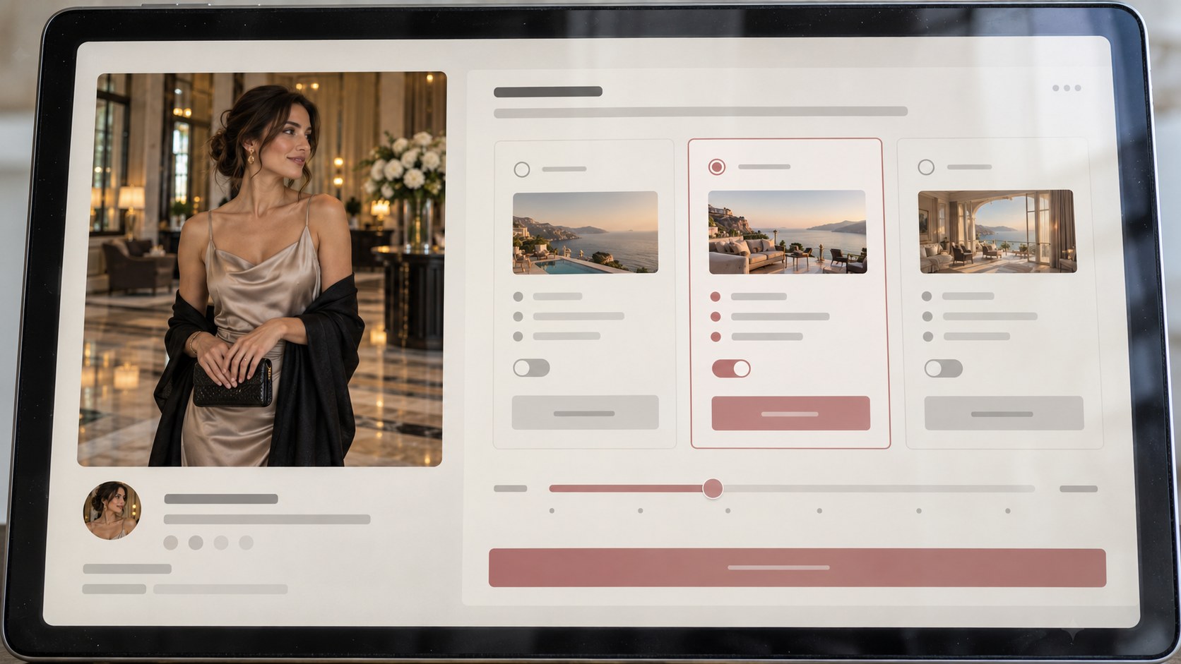 Close frontal view of a tablet showing a luxury creator profile and three unbranded offer controls, with the middle option selected.