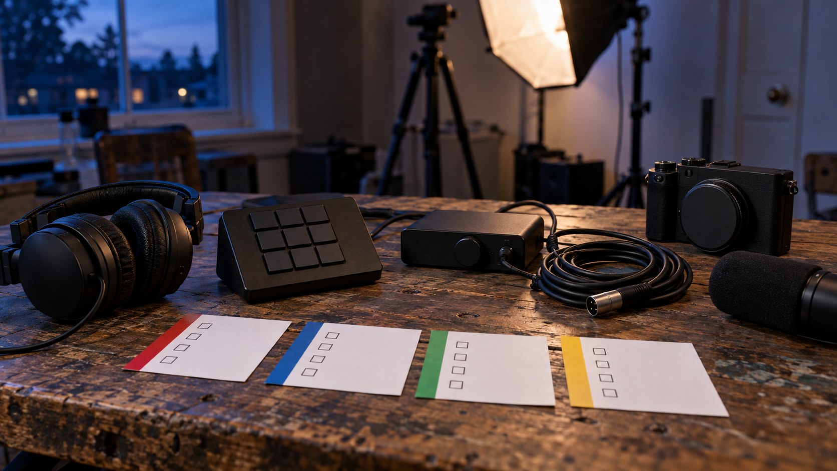Streaming controls, audio gear, camera, headphones and blank policy cards arranged on a worn studio workbench in evening light.