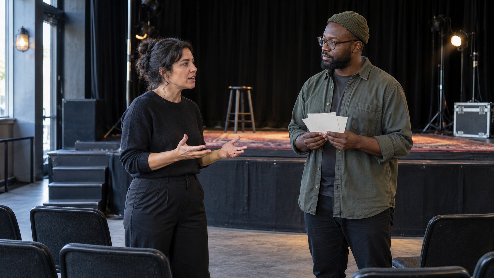 A performer practices a calm verbal response as a moderator holds blank scenario cards in an empty small venue with stage curtains and lighting equipment.