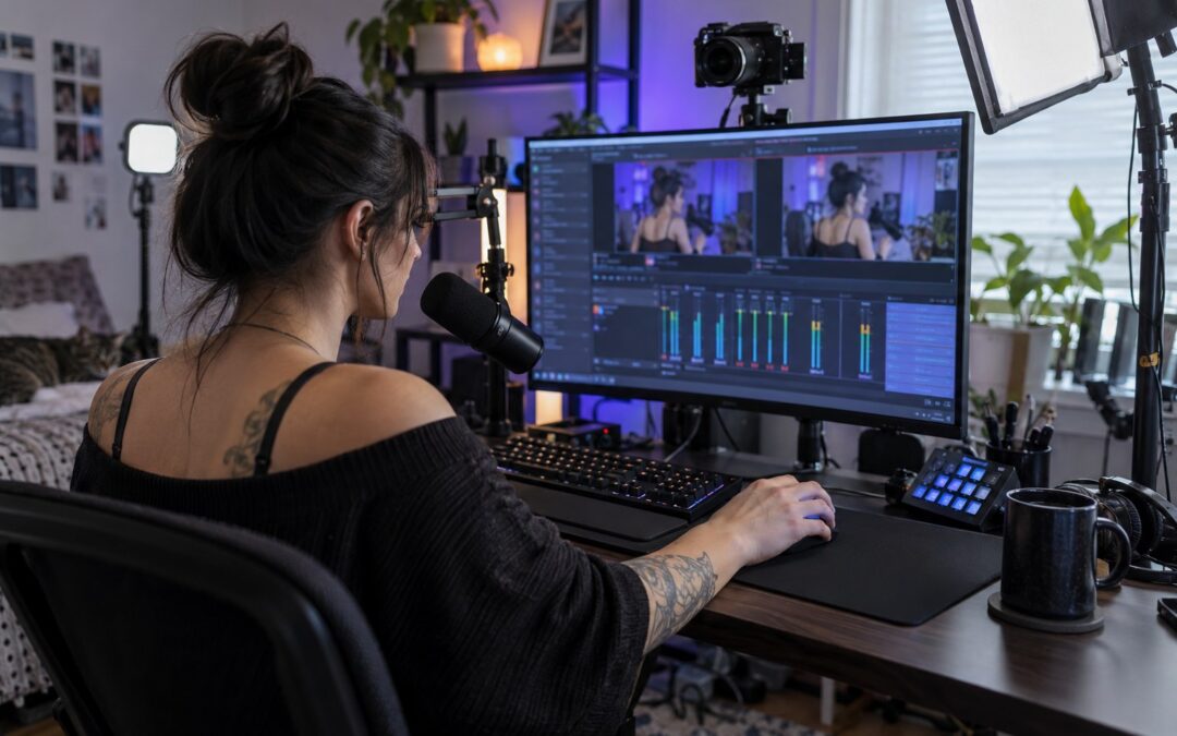 Webcam operator configuring OBS in a home streaming studio