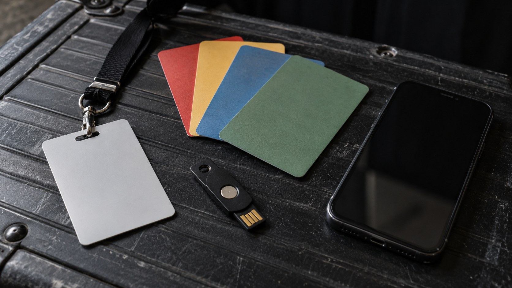 Hardware security key, blank access badge, colored moderation cards, and a locked black phone arranged on a worn studio equipment case.