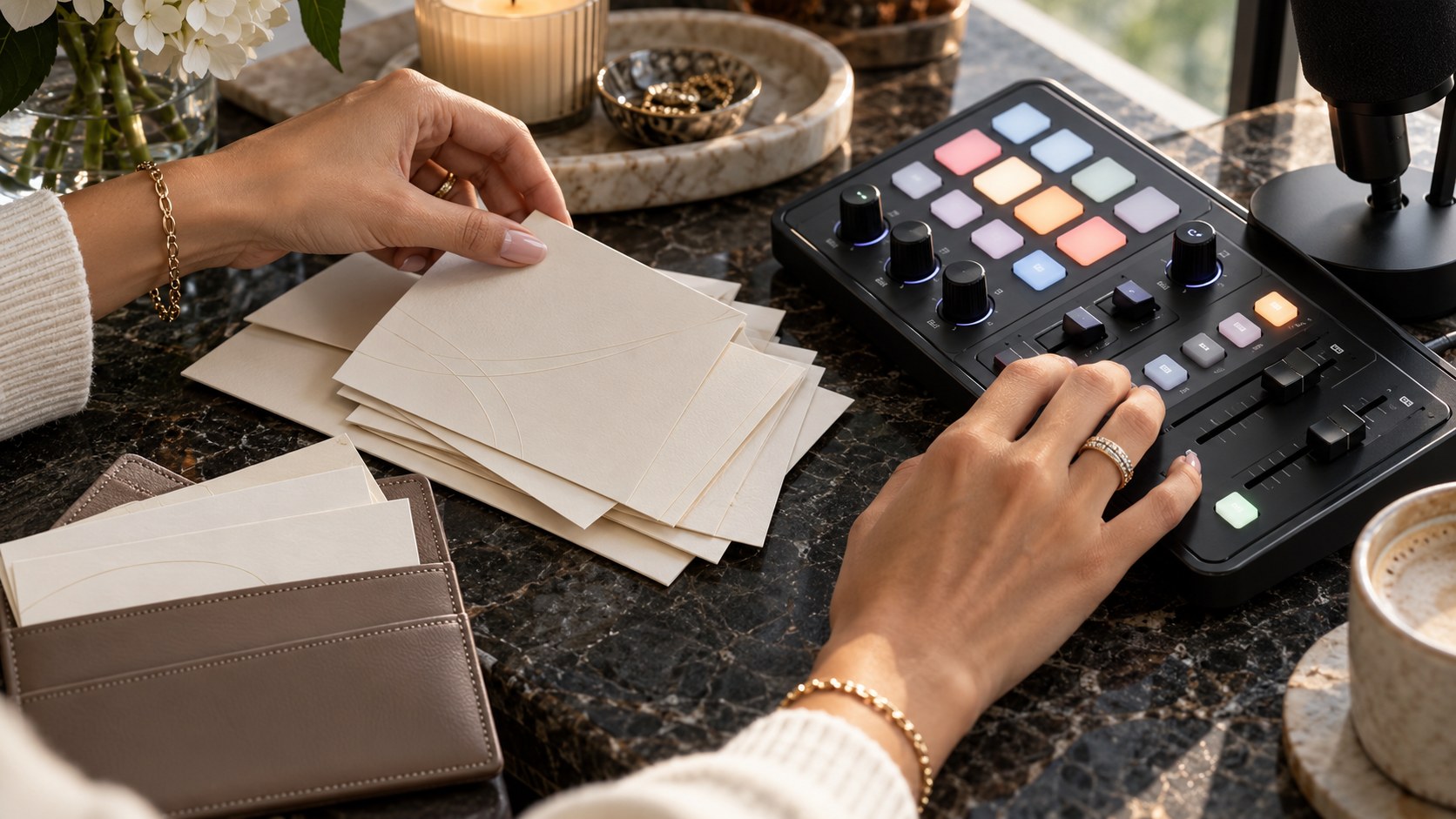 A woman's hands sort cream offer cards beside illuminated streaming controls on a dark stone table in natural window light.