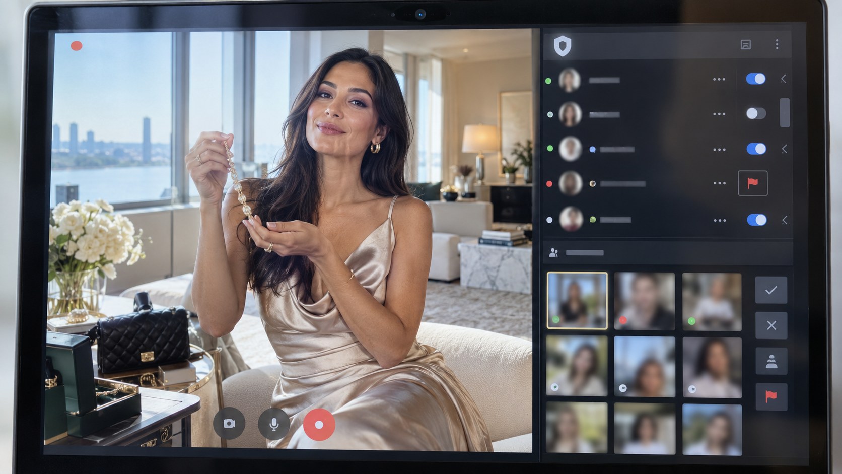 Close frontal view of a live-video screen showing a luxury creator presenting jewelry beside customer access and.