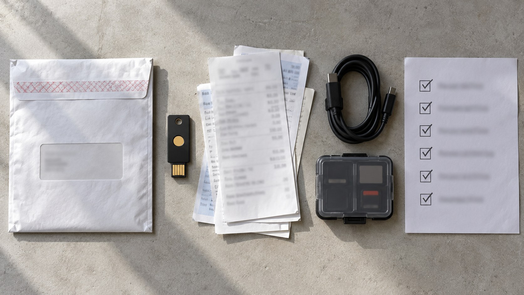 Overhead view of a secured envelope, hardware key, blurred payment slips, coiled cable, memory card case, and checked workflow on a studio floor.