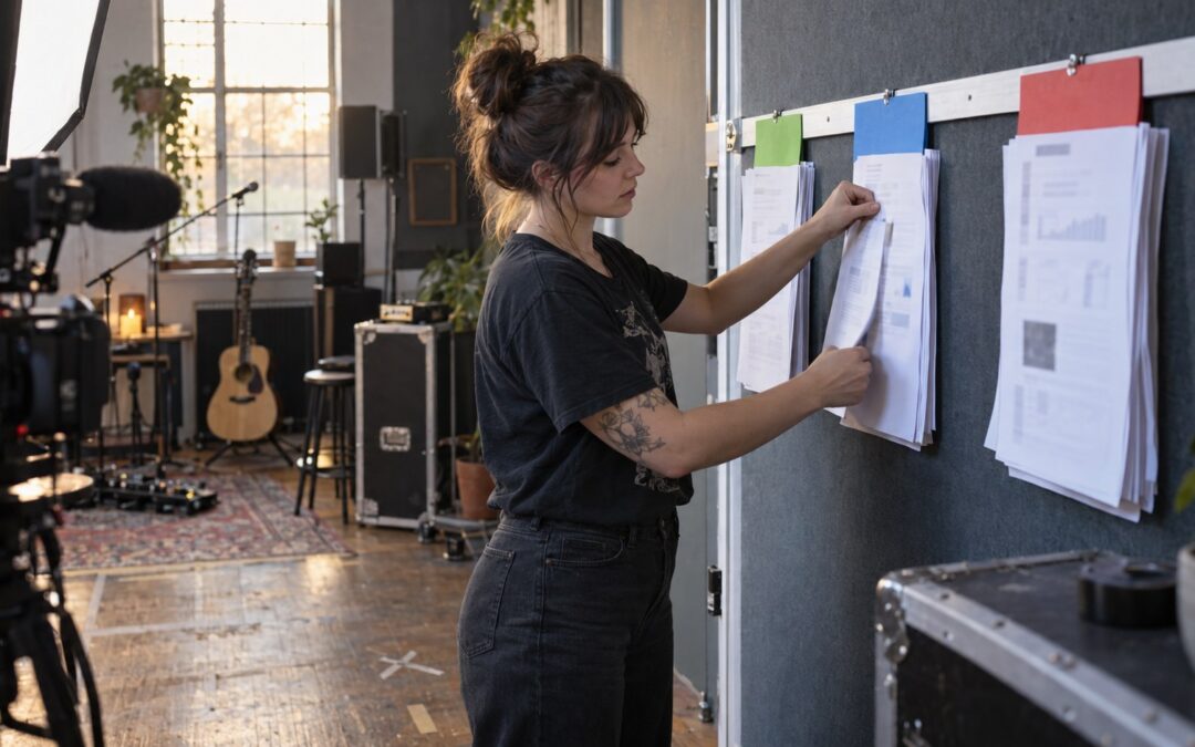 A streaming operator sorts printed session summaries into three color-coded groups on a wall rail in a sunlit.