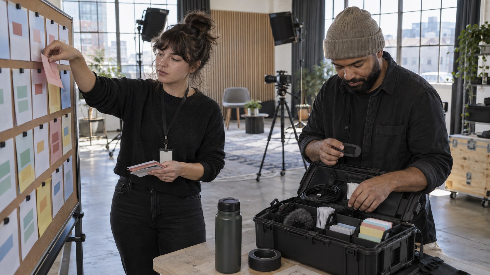 A creator removes a workload card while a studio manager checks a privacy and moderation kit beside an inactive.