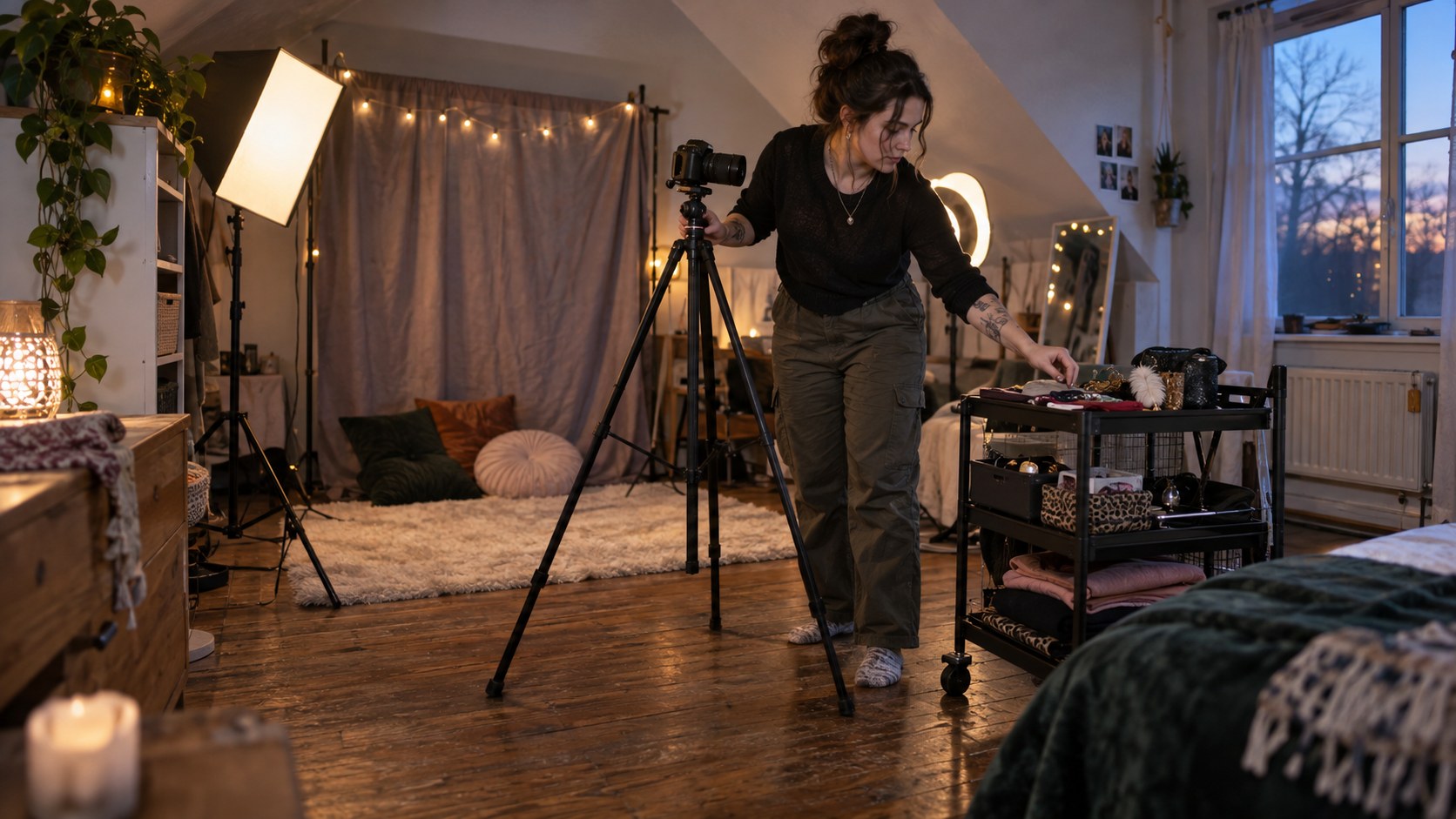 A performer adjusts a camera tripod while arranging session materials on a rolling cart in a warmly lit home studio at dusk.