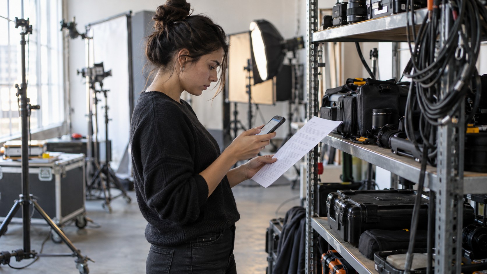 A performer stands beside a studio equipment shelf, comparing a printed agreement with business details on a phone.