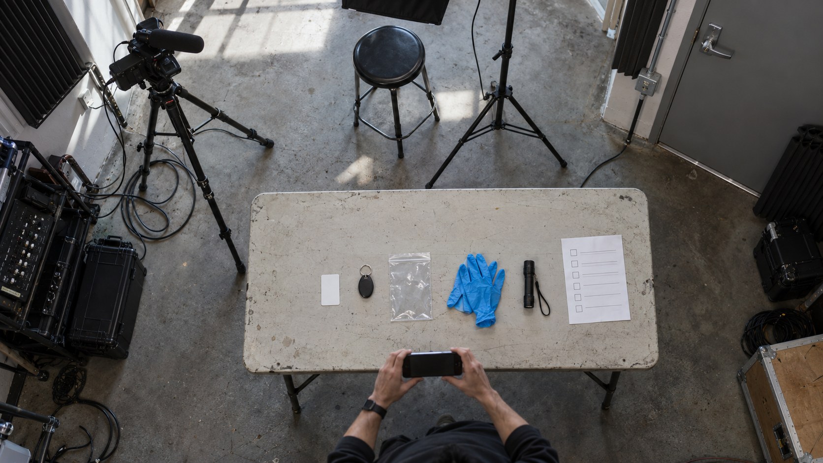 Overhead view of a performer photographing access-control evidence on a worn table amid camera, lighting, cables, and a closed studio door.