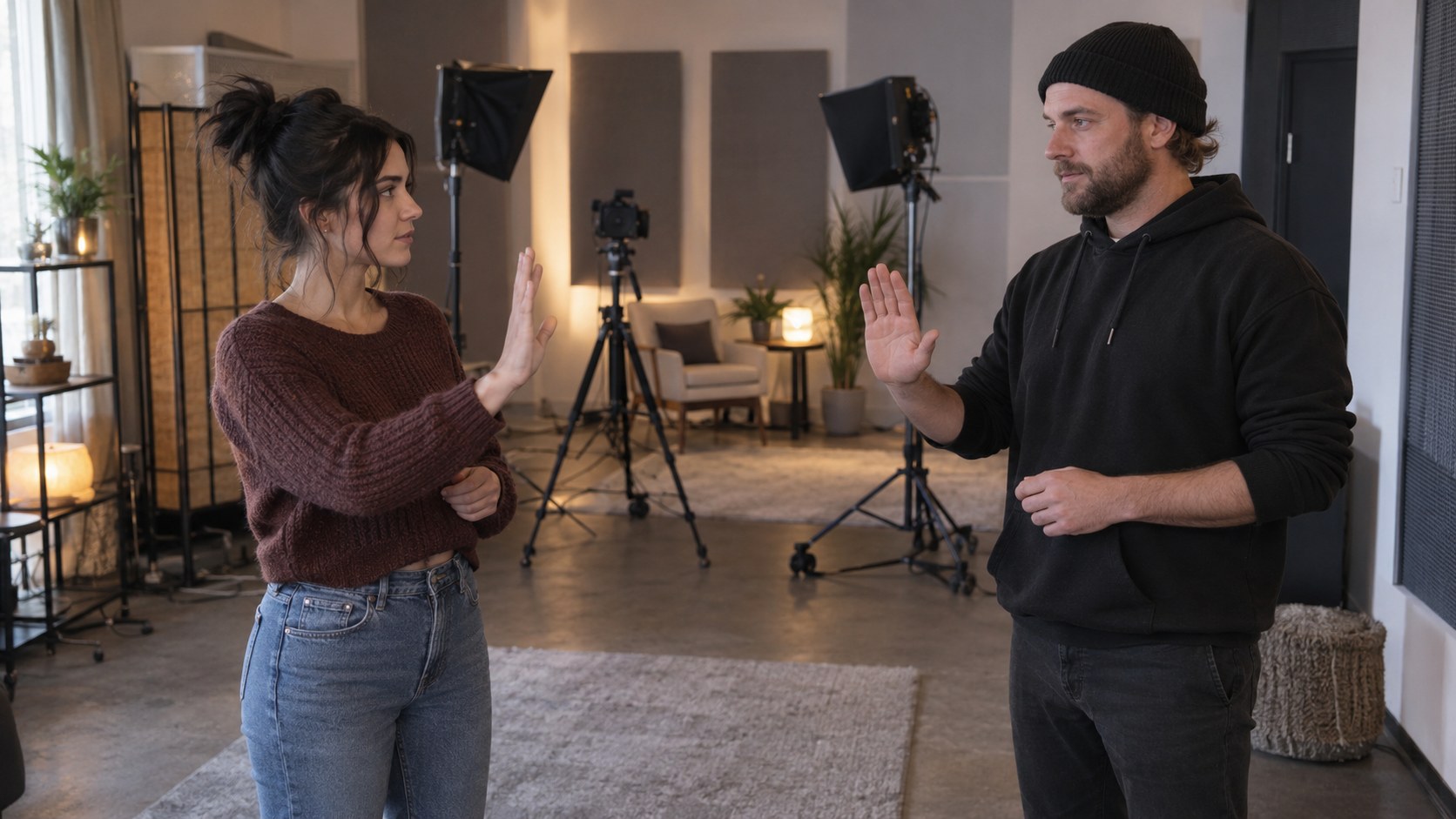 A performer and moderator rehearse an open-palm pause signal in a quiet studio.