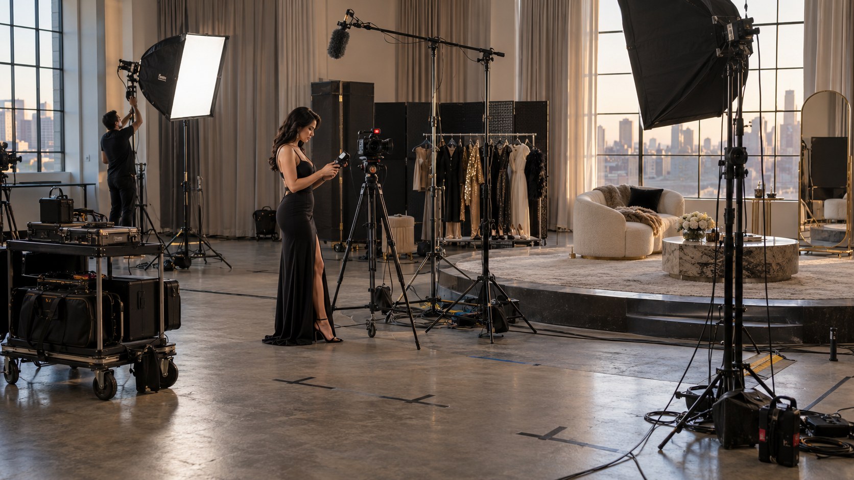 A creator in an evening gown checks equipment in a spacious daylight live-stream studio with cameras, lighting.