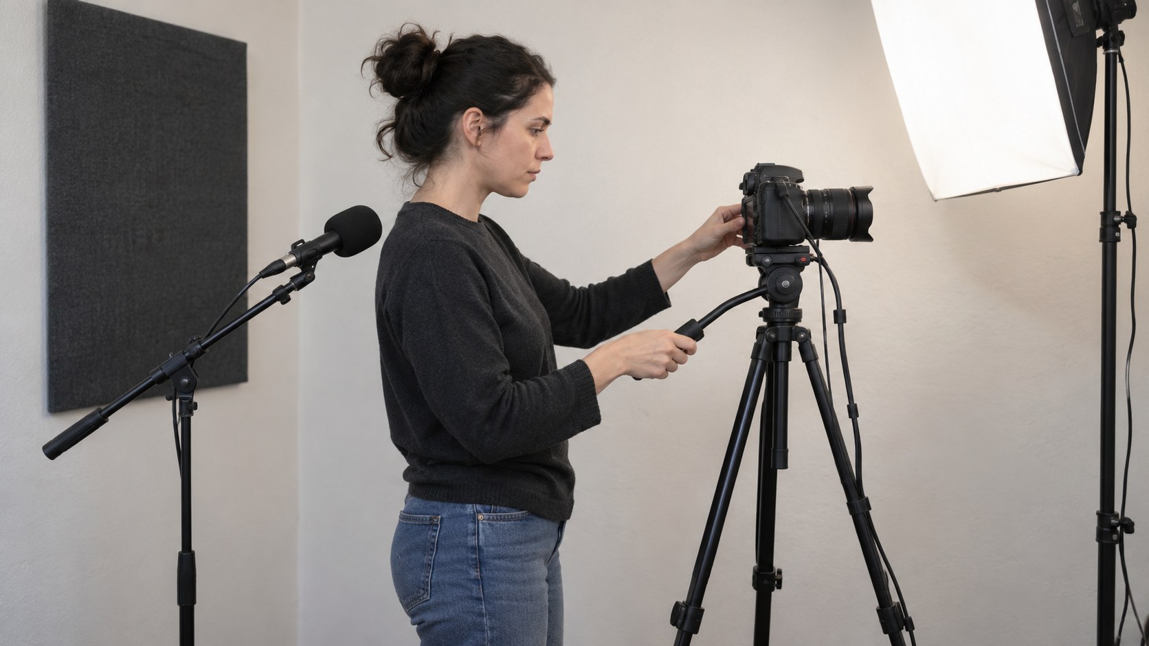 Standing performer adjusts a tripod-mounted camera beside a microphone and soft light in a compact home studio
