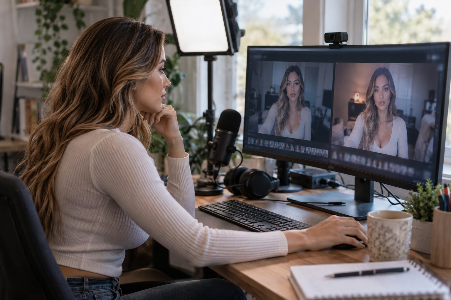 Creator comparing webcam test recordings at a home streaming desk