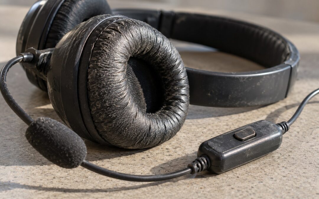 Close-up of a heavily worn black support headset, ear cushion, boom microphone and inline mute control on a plain service counter.