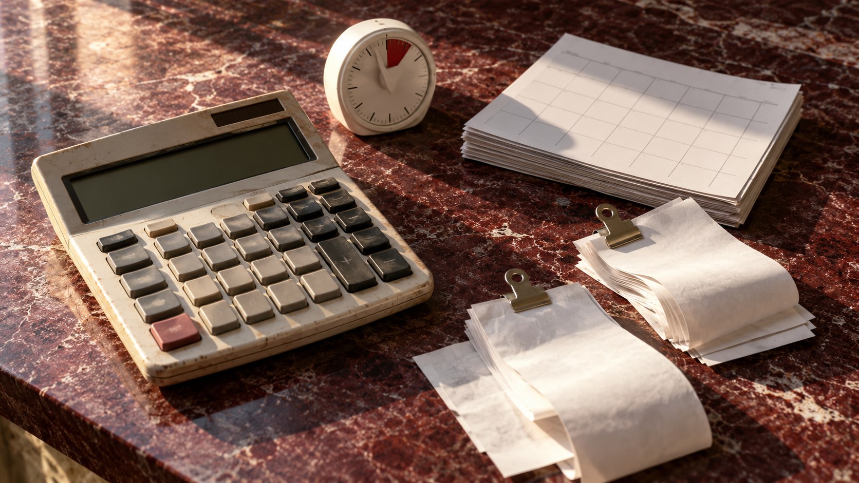 Calculator, analog timer, blank calendar cards, and clipped expense receipts arranged on a burgundy stone counter in warm window light.