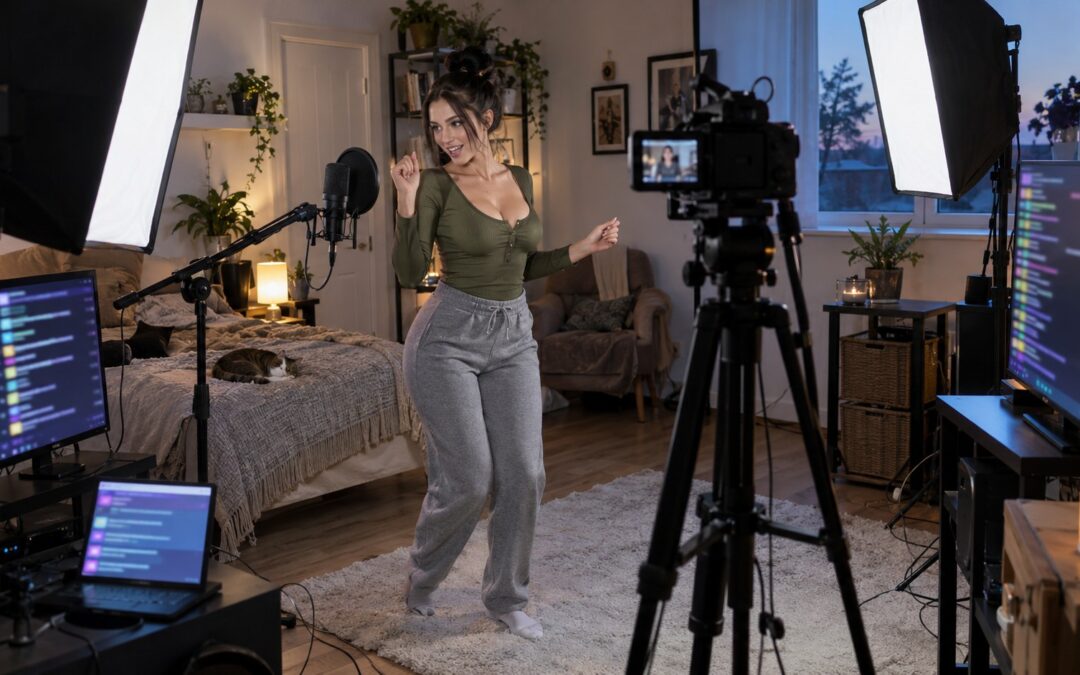 Cam performer gestures toward a tripod camera amid soft lights, a microphone, cables.