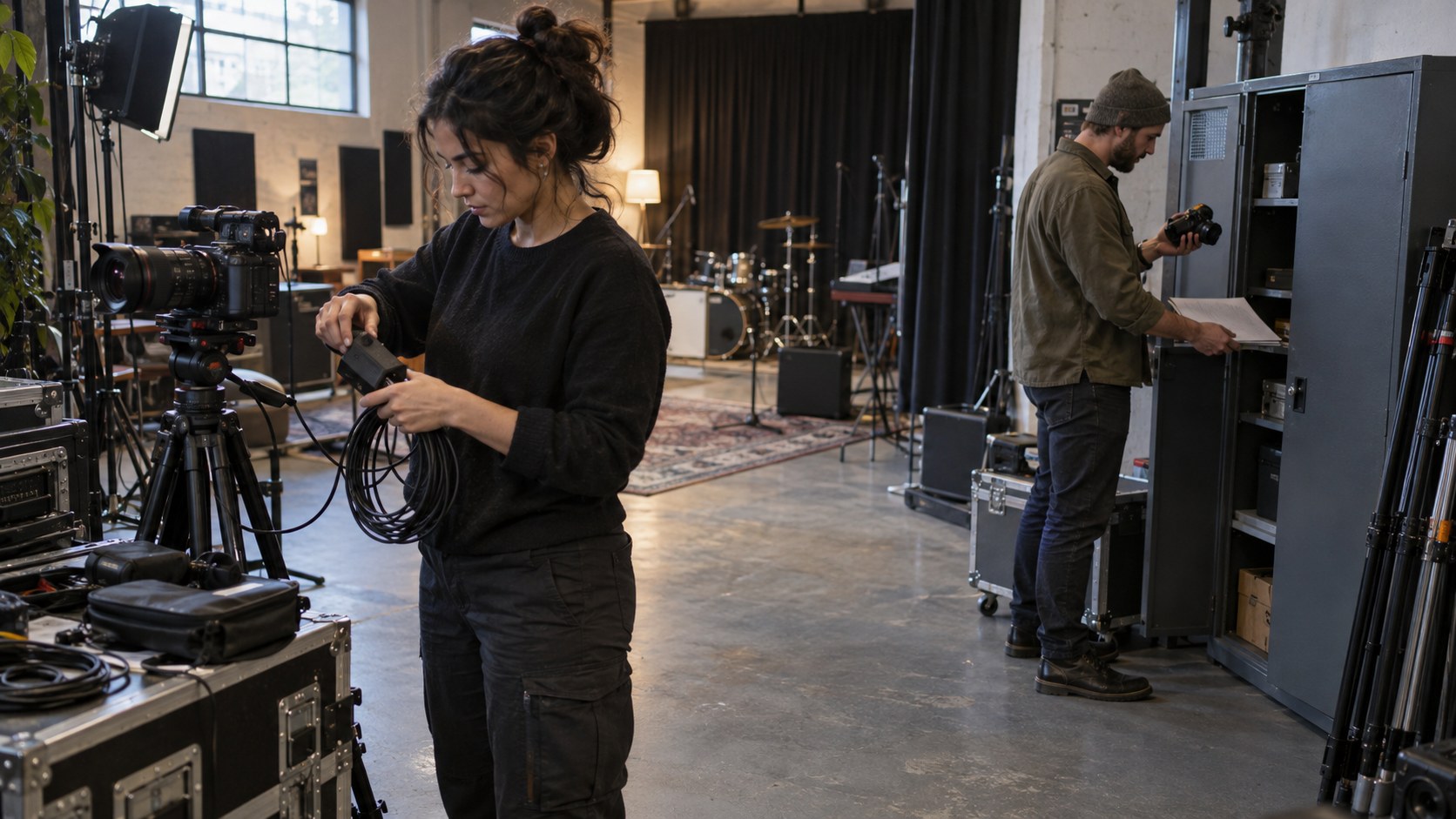 Two studio workers disconnect camera equipment and secure paper records in a lockable cabinet inside a practical rehearsal space.