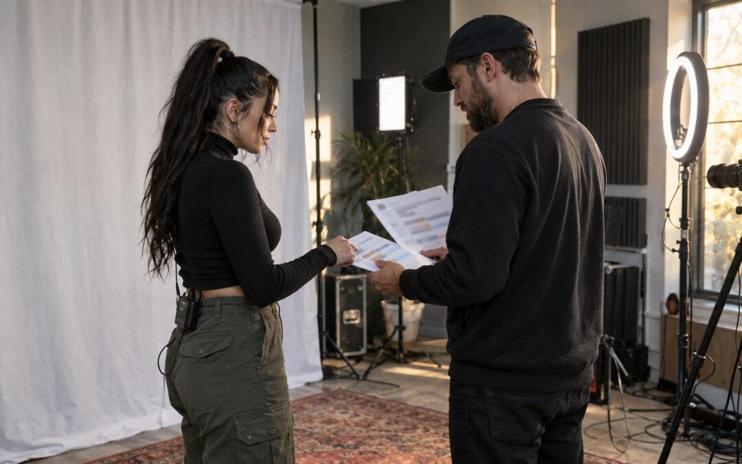 A live-stream performer briefs a standing moderator with printed rule cards beside a studio backdrop, camera, ring light, cables, and acoustic panels.