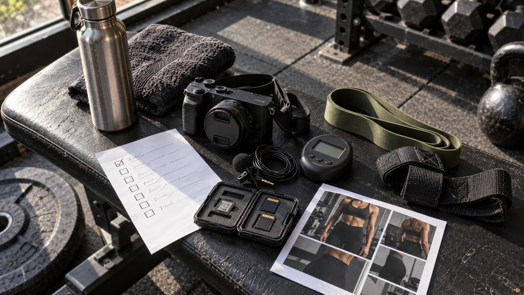 Camera gear, workout accessories, checklist and fitness photo proofs arranged on a sunlit gym bench for a launch review